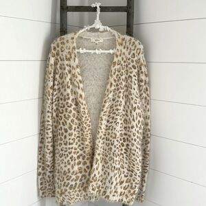 Beautiful Cardigan Goldfish Tan leopard print on cream angora. Size Large